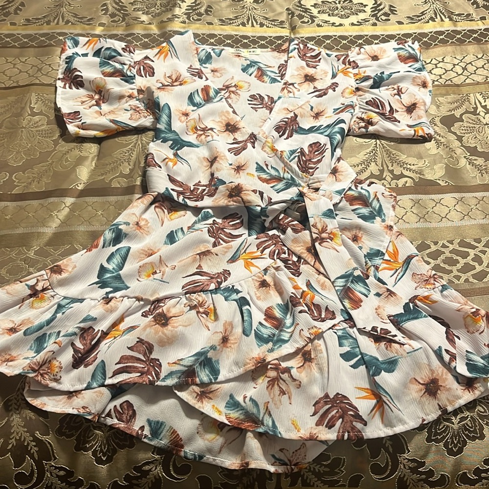 Miken Swim Floral Wrap Coverup Dress with Puff Sleeves